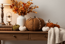 Load image into Gallery viewer, Collins Painting & Design Home Decor - Seasonal Harlequin Fabric Pumpkin – Extra Large | Orange & Black Halloween Decor
