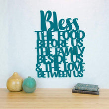 Load image into Gallery viewer, Spunky Fluff Proudly handmade in South Dakota, USA Teal Bless The Food Before Us, The Family Beside Us, & The Love Between Us