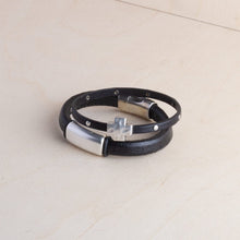 Load image into Gallery viewer, Montana Leather Designs Proudly Handmade in Montana, USA Hammered Cross Leather Bracelet Black
