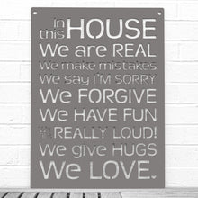 Load image into Gallery viewer, Spunky Fluff Proudly handmade in South Dakota, USA Charcoal Gray "In this House" – House Rules Decorative Wall Sign