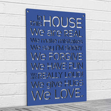 Load image into Gallery viewer, Spunky Fluff Proudly handmade in South Dakota, USA Cobalt Blue "In this House" – House Rules Decorative Wall Sign