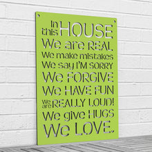 Load image into Gallery viewer, Spunky Fluff Proudly handmade in South Dakota, USA Pear Green &quot;In this House&quot; – House Rules Decorative Wall Sign
