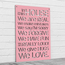 Load image into Gallery viewer, Spunky Fluff Proudly handmade in South Dakota, USA Pink &quot;In this House&quot; – House Rules Decorative Wall Sign
