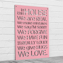 Load image into Gallery viewer, Spunky Fluff Proudly handmade in South Dakota, USA Pink "In this House" – House Rules Decorative Wall Sign