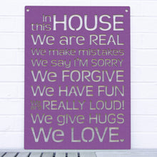 Load image into Gallery viewer, Spunky Fluff Proudly handmade in South Dakota, USA Purple &quot;In this House&quot; – House Rules Decorative Wall Sign
