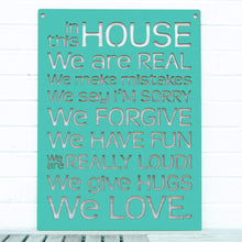 Load image into Gallery viewer, Spunky Fluff Proudly handmade in South Dakota, USA Turquoise "In this House" – House Rules Decorative Wall Sign