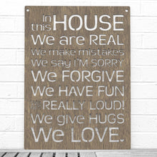 Load image into Gallery viewer, Spunky Fluff Proudly handmade in South Dakota, USA Weathered Brown "In this House" – House Rules Decorative Wall Sign