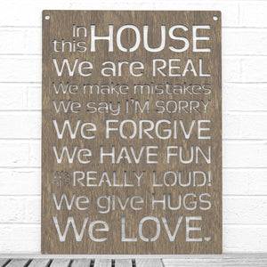 Spunky Fluff Proudly handmade in South Dakota, USA Weathered Brown "In this House" – House Rules Decorative Wall Sign