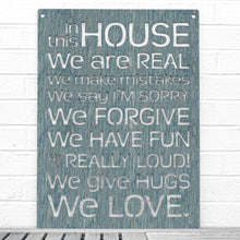 Load image into Gallery viewer, Spunky Fluff Proudly handmade in South Dakota, USA Weathered Denim "In this House" – House Rules Decorative Wall Sign