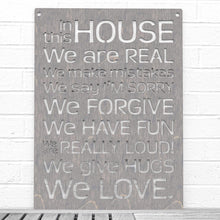 Load image into Gallery viewer, Spunky Fluff Proudly handmade in South Dakota, USA Weathered Gray "In this House" – House Rules Decorative Wall Sign
