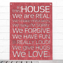 Load image into Gallery viewer, Spunky Fluff Proudly handmade in South Dakota, USA Weathered Red "In this House" – House Rules Decorative Wall Sign