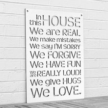 Load image into Gallery viewer, Spunky Fluff Proudly handmade in South Dakota, USA White &quot;In this House&quot; – House Rules Decorative Wall Sign
