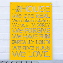 Load image into Gallery viewer, Spunky Fluff Proudly handmade in South Dakota, USA Yellow "In this House" – House Rules Decorative Wall Sign