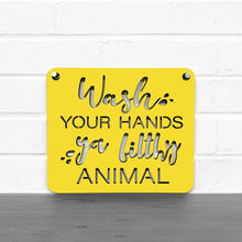 Load image into Gallery viewer, Spunky Fluff Proudly handmade in South Dakota, USA Small / Yellow "Wash Your Hands Ya Filthy Animal" Decorative Sign