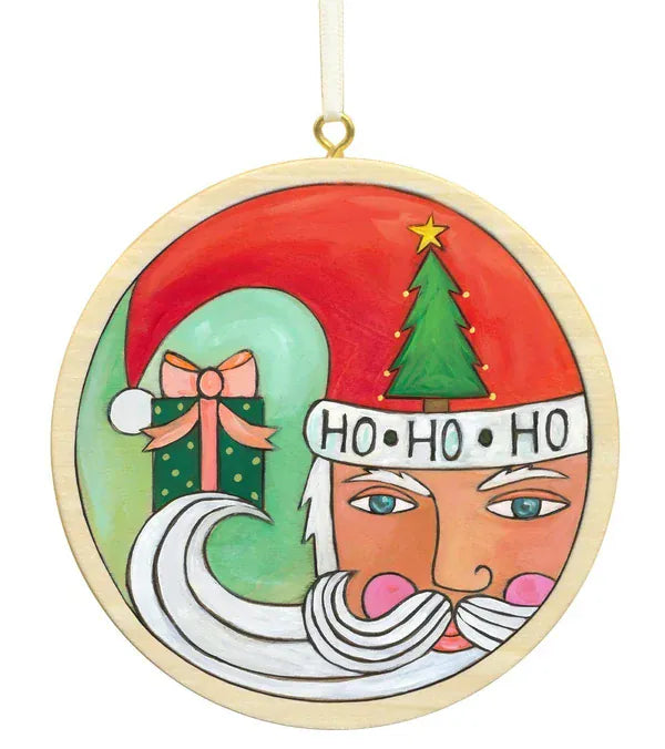 Sincerely, Sticks round Santa Christmas ornament with gift and Christmas tree