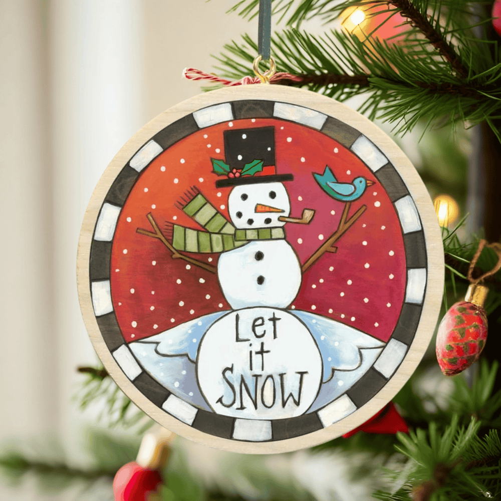 Sincerely, Sticks round snowman Christmas ornament with bird and Let it Snow text