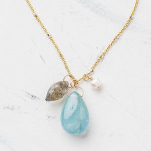 Original Hardware Jewelry - Necklaces Aquamarine Smooth Pear Opera Necklace with Labradorite and Pearl