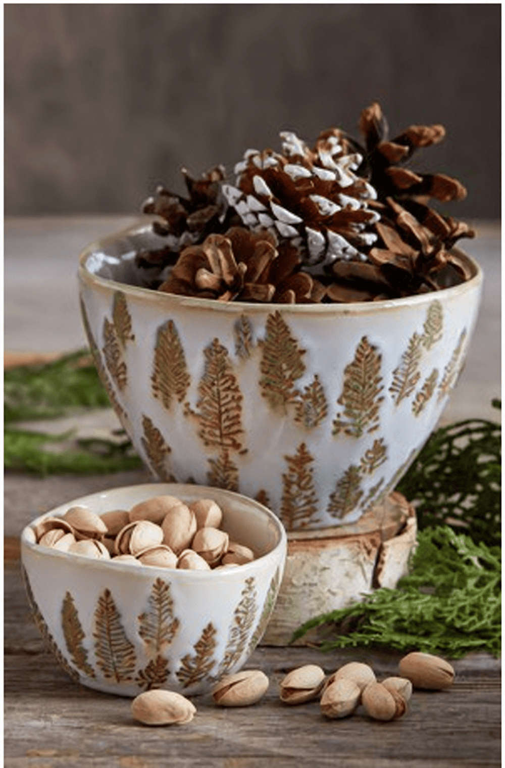 Aspen Bowl filled with pinecones alongside Aspen Dip Bowl filled with pistachios and evergreen branches