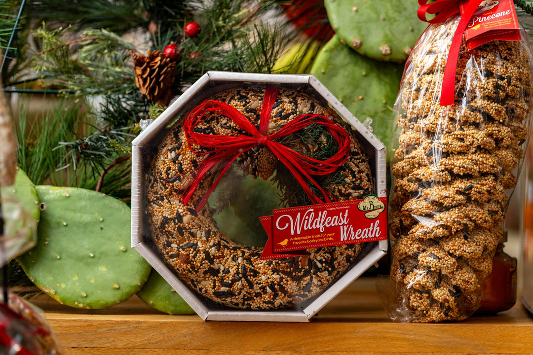 Packaged Wildfeast wreath displayed with holiday greenery and bird treats