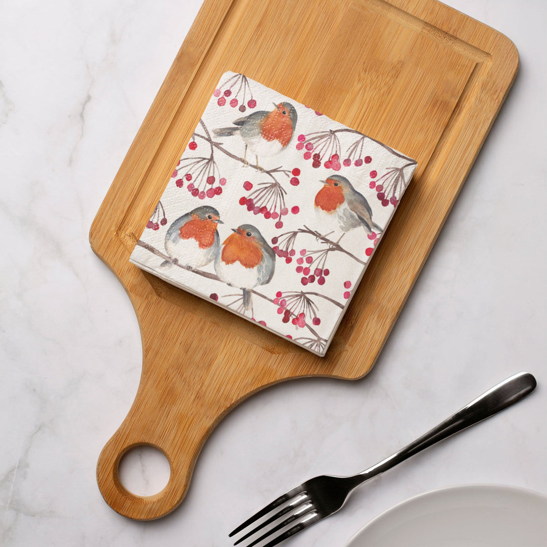 Birds & Berries paper napkins with red-breasted robins and berry branches