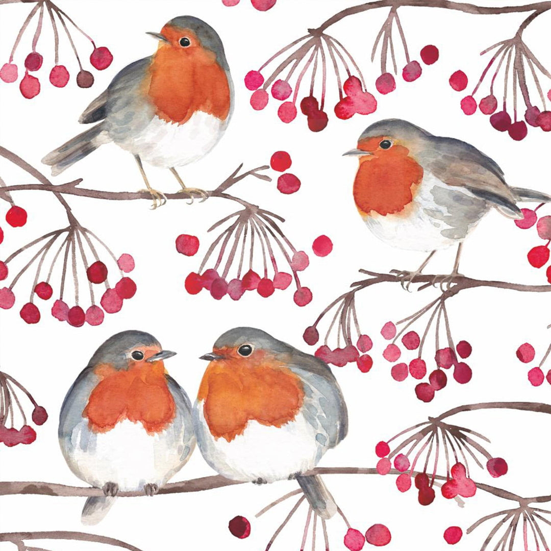 Birds &amp; Berries paper napkins with red-breasted robins and berry branches