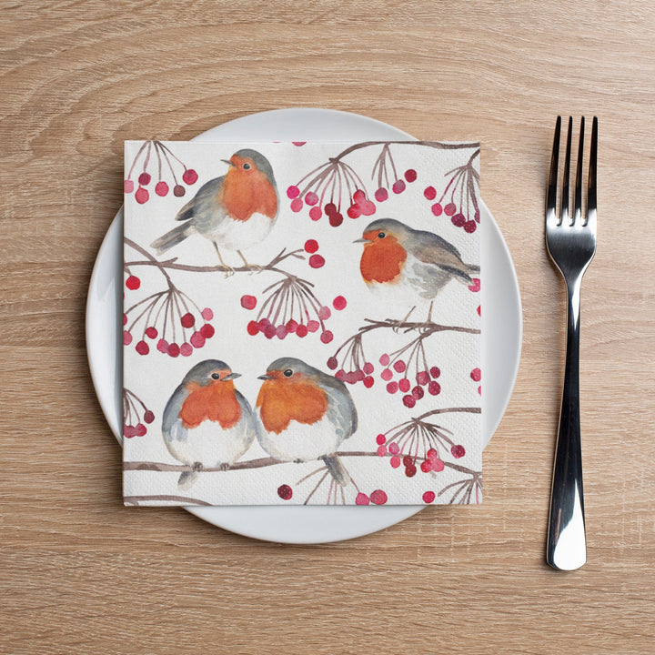 Birds &amp; Berries paper napkins with red-breasted robins and berry branches