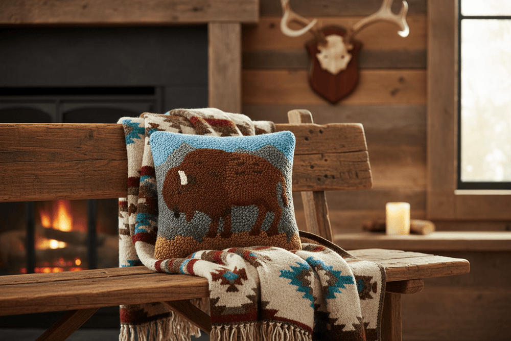 Peking Handicraft Home Accents Buffalo Landscape Hook Pillow