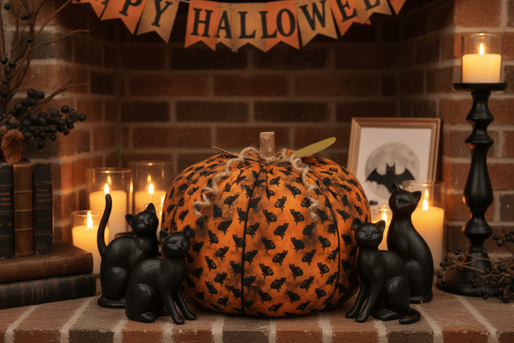 Collins Painting & Design Home Decor - Seasonal Cat Print Fabric Pumpkin – Extra Large | Orange & Black Halloween Decor