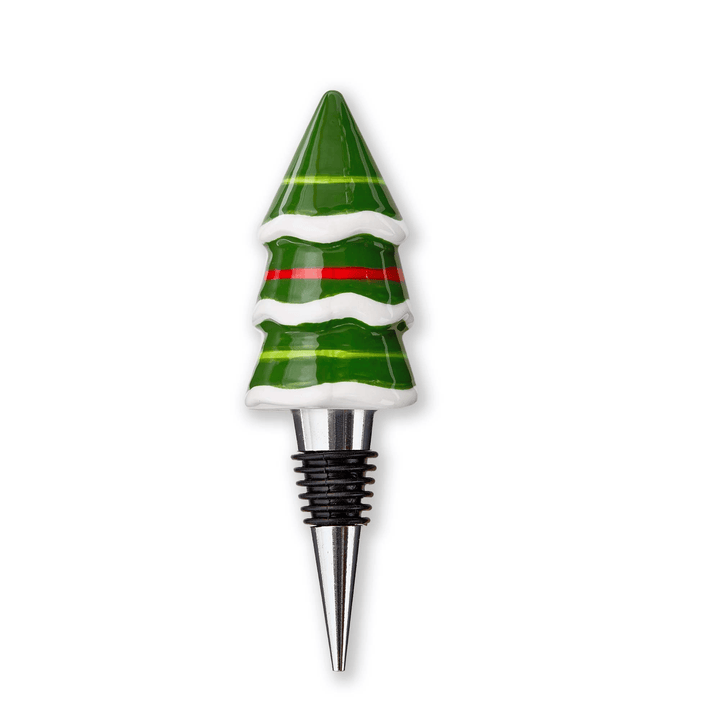 Cheerful Tree Bottle Stopper with a green Christmas tree, colorful stripes and white snow details