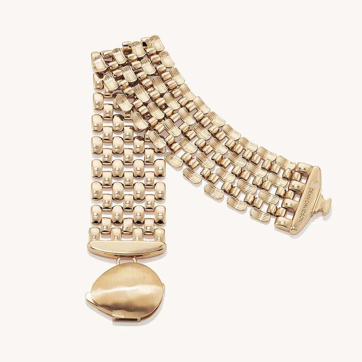 Clasp and woven chain detail of Dean Davidson Serra Chain Bracelet in gold