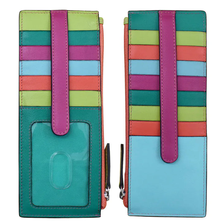 ili New York Paradise Multi Double Sided Credit Card Holder, Leather Card Holder with Zip Pocket, Double Long Card Case