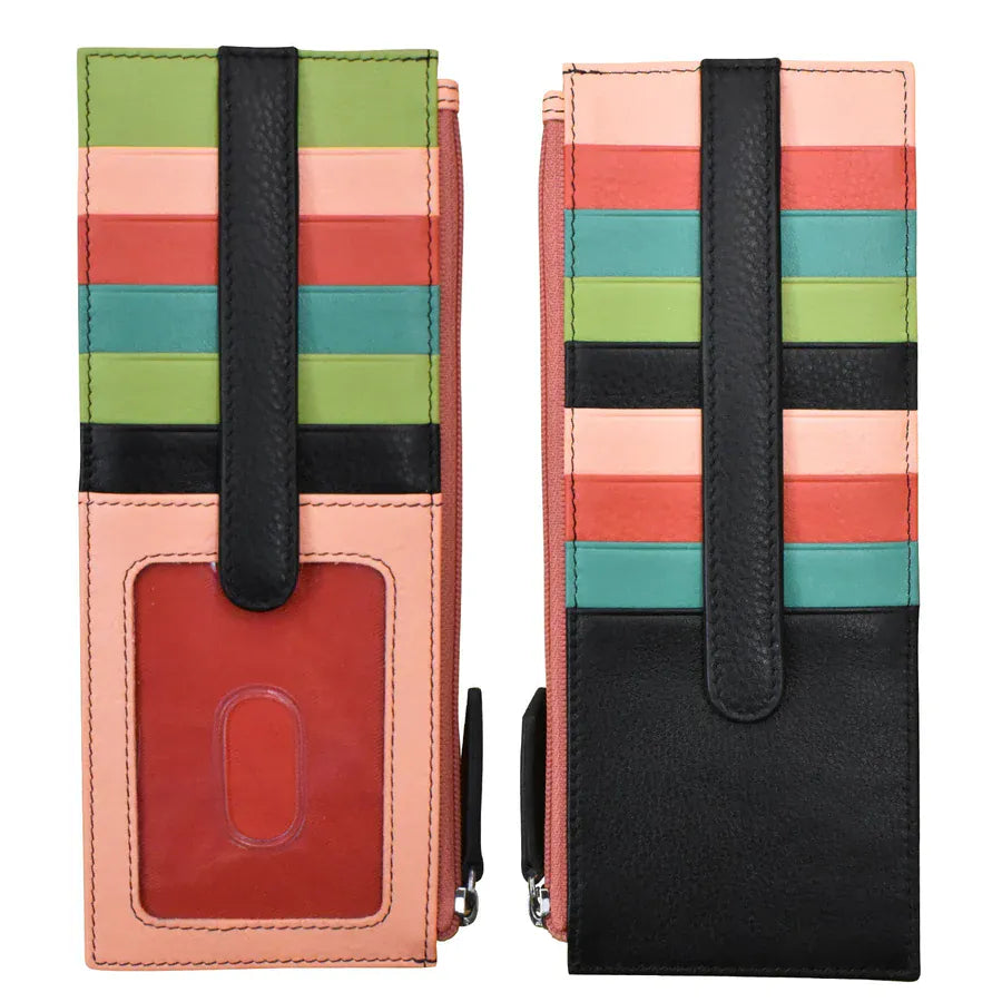 ili New York Peach Multi Double Sided Credit Card Holder, Leather Card Holder with Zip Pocket, Double Long Card Case