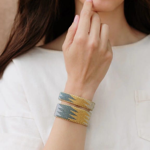 Etkie Jewelry Drew Beaded Glass Cuff Nickel -Large
