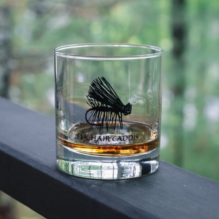 Vital Industries Barware Elk Hair Caddis Fly Fishing Rocks Glass | Screen Printed Old Fashioned Glass