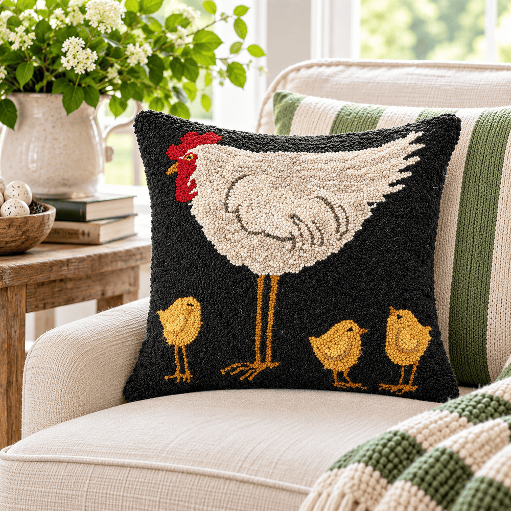 Peking Handicraft Home Accents Hen with Three Chicks Wool Hooked Pillow – 18" x 18"