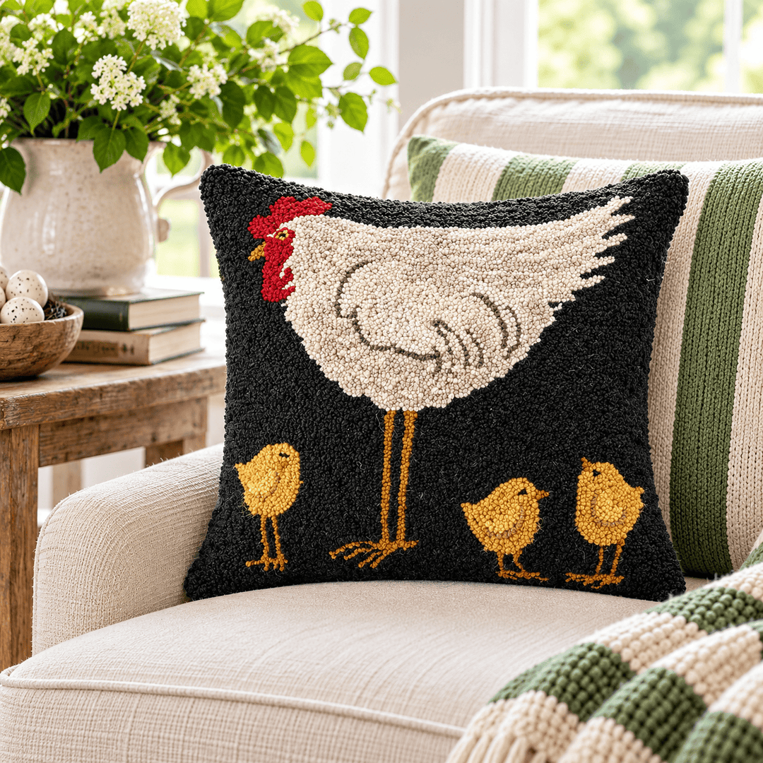 Peking Handicraft Home Accents Hen with Three Chicks Wool Hooked Pillow – 18" x 18"