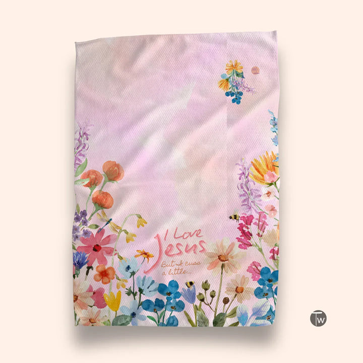 Twisted Wares Home Decor - Linens I Love Jesus But I Cuss a Little Tea Towel