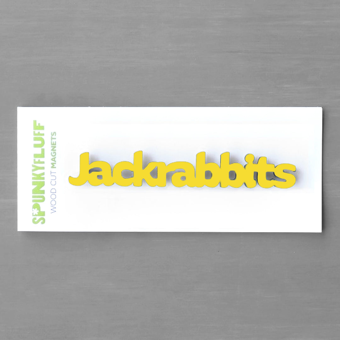 Yellow Jackrabbits Tiny Word Magnet by Spunky Fluff in gift packaging
