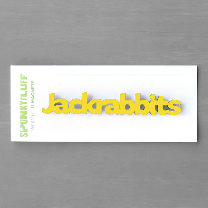 Yellow Jackrabbits Tiny Word Magnet by Spunky Fluff in gift packaging