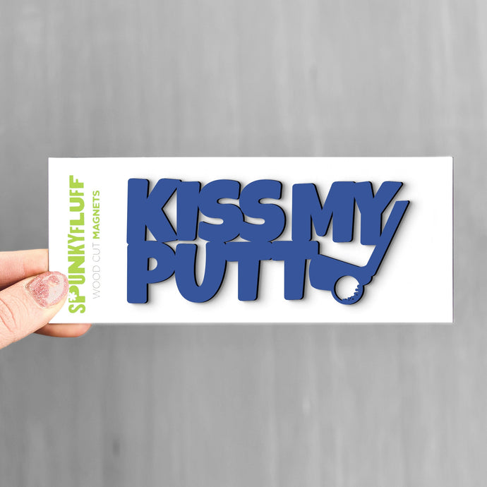 Spunky Fluff Cobalt Kiss My Putt Stacked Tiny Word Magnet, Funny Golf Magnet