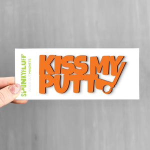 Spunky Fluff Orange Kiss My Putt Stacked Tiny Word Magnet, Funny Golf Magnet