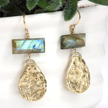 Load image into Gallery viewer, Mickey Lynn Proudly Handmade in Georgia, USA Labradorite Apex Earrings, Apex Hand Carved Bronze Drop w/faceted labradorite rectangle gold filled wire
