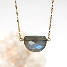 Load image into Gallery viewer, Mickey Lynn Proudly Handmade in Georgia, USA Labradorite Mezzo Necklace, Mezzo Labradorite Half Moon 14k Gold Filled Rectangle Chain Adjustable Length 16-18&quot;
