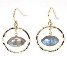 Load image into Gallery viewer, Mickey Lynn Proudly Handmade in Georgia, USA Labradorite Vista Earrings, Labradorite Eye within gold filled hammered hoop on earwire
