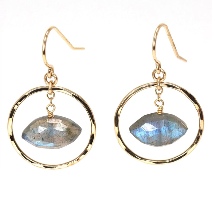 Mickey Lynn Proudly Handmade in Georgia, USA Labradorite Vista Earrings, Labradorite Eye within gold filled hammered hoop on earwire