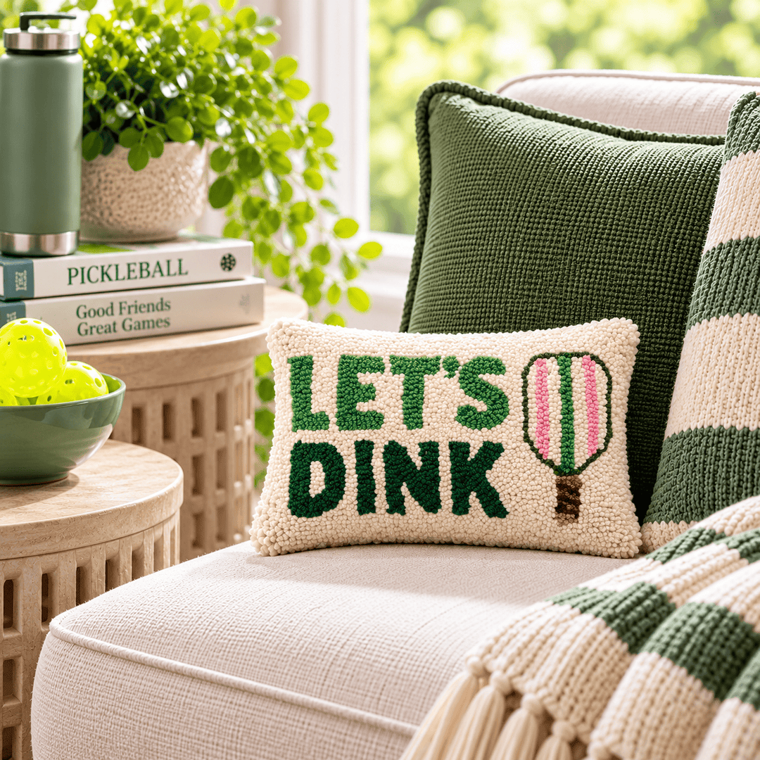 Peking Handicraft Home Decor - Home Accent Let’s Dink Pickleball Wool Hooked Pillow – 8" x 12"