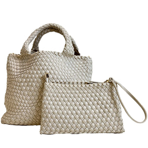 AhDorned Ecru/Off-White Lily Woven Neoprene Tote with Pouch