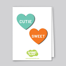 Load image into Gallery viewer, Spunky Fluff Proudly handmade in South Dakota, USA Turquoise &amp; Orange Limited Edition Conversation Heart Magnets, Valentine&#39;s Day Magnets
