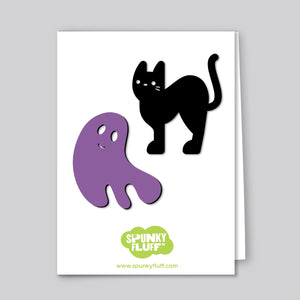 Spunky Fluff Proudly handmade in South Dakota, USA Limited Edition Ghost & Black Cat Magnets, Small Cute Halloween Magnets