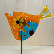 Load image into Gallery viewer, 8 Petals Design Orange+Turquoise Flower Medium Bird Fused Glass Garden Stake
